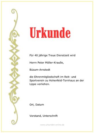 Ehrenurkunde für treue Dienste