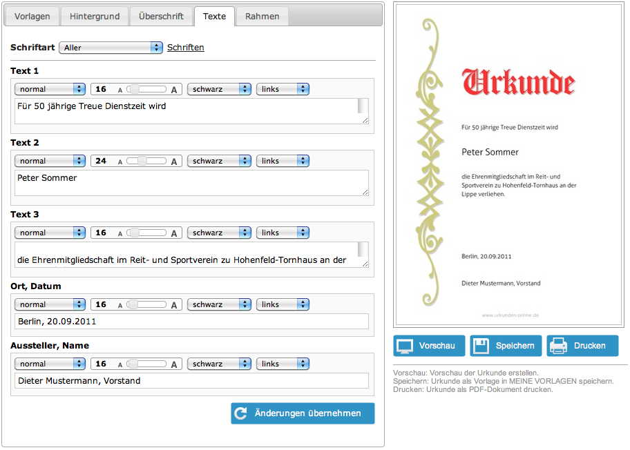 urkunden online erstellen und drucken mit den urkunden-generator text für die urkunde auswählen