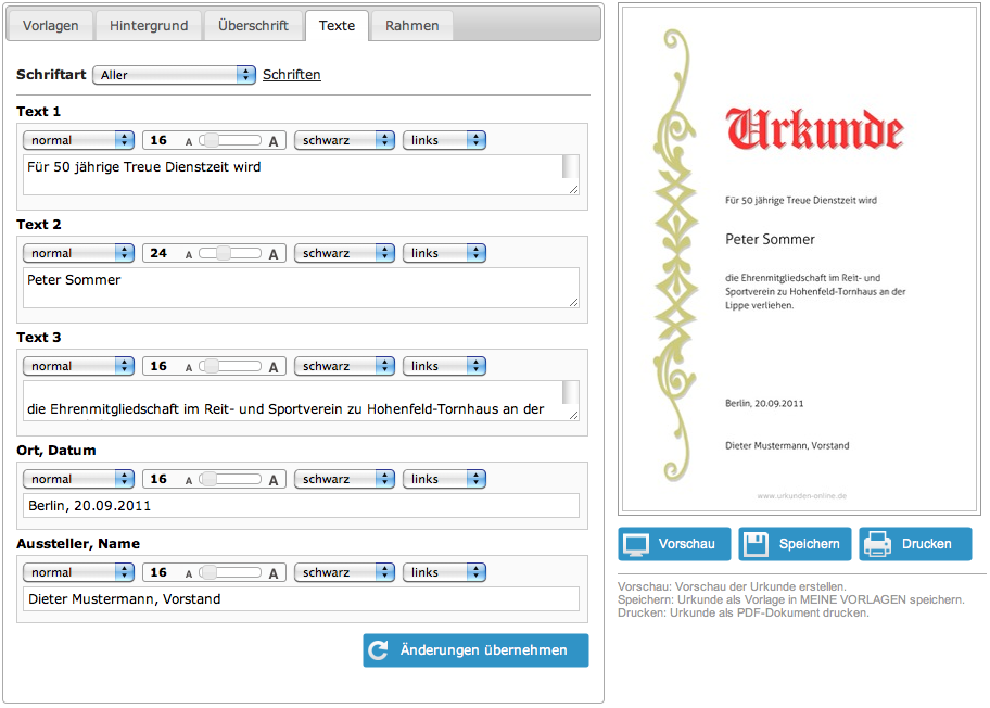 text für die urkunde auswählen