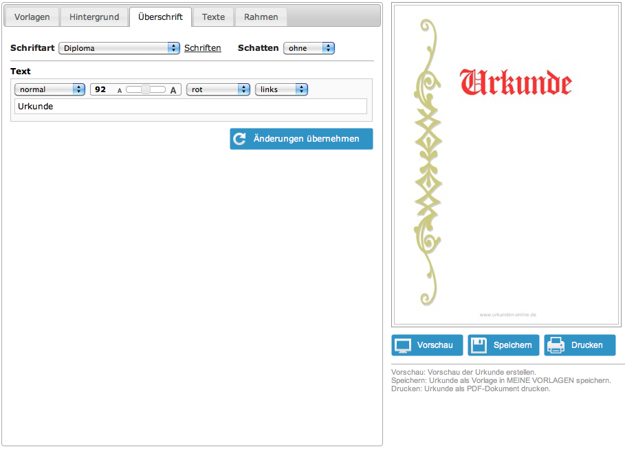 überschrift für urkunde auswählen