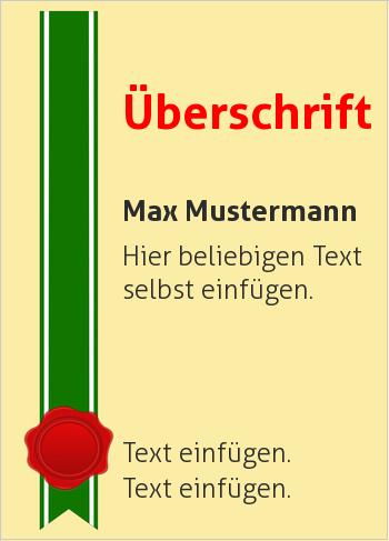 Ehrenurkunde, Vereinsurkunde, Zertifikathier online gestalten Diplom Siegel mit Band Grün, Gelb (Siegel, Medaillen, Bänder)