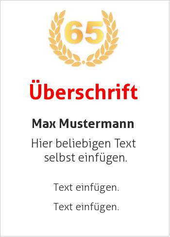 Jubiläumsurkunde, Ehrenurkunde, Geburtstags-Urkundehier online gestalten Jubiläum 65, Lorbeerkranz (Zahlen für Jubiläen)